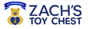 Zachs Toy Chest 15th Anniversary logo, a golden sparkling bear holding a blue heart with a gold ribbon in it